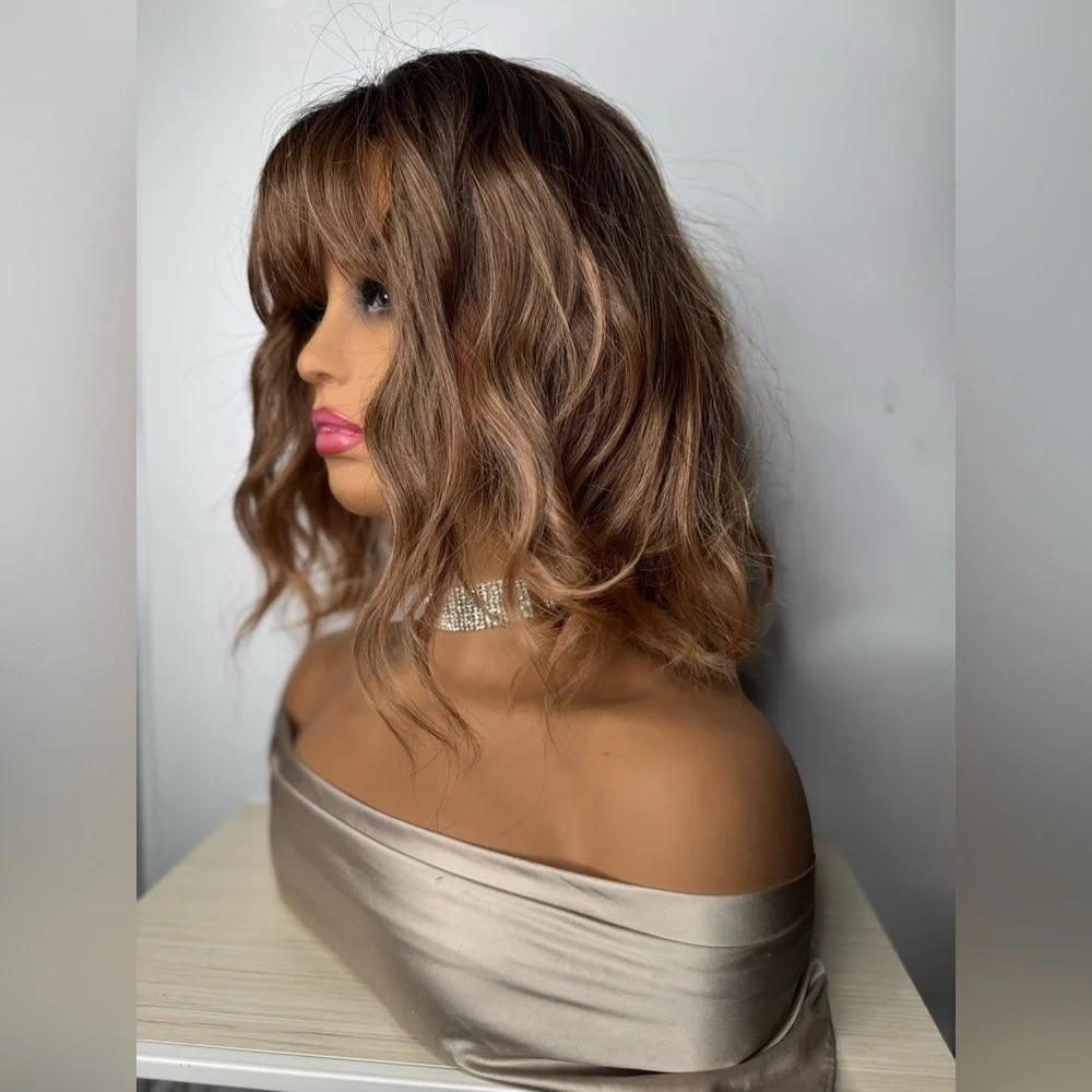 Mocha Brown Wavy Synthetic Wig with Bangs | Shoulder Length | Natural Part